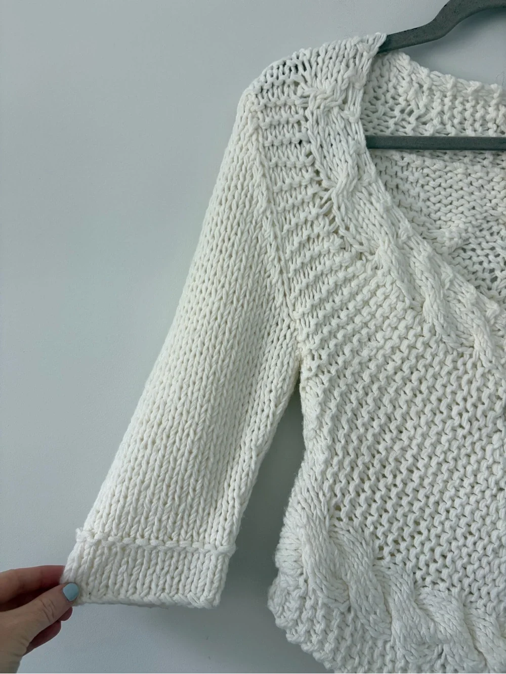 Free People Off White Cable Knit Gingham Button Down Cropped Boho Cardigan S